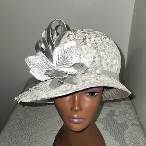 Ivory Lace Church Hat with Silver Floral Accent for Women